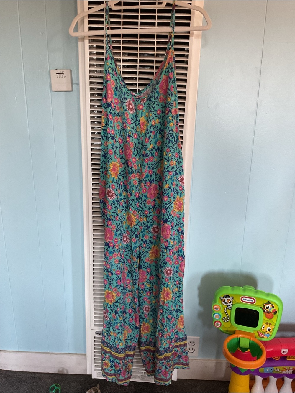 Turquoise Floral One-Piece Romper with Spaghetti Straps